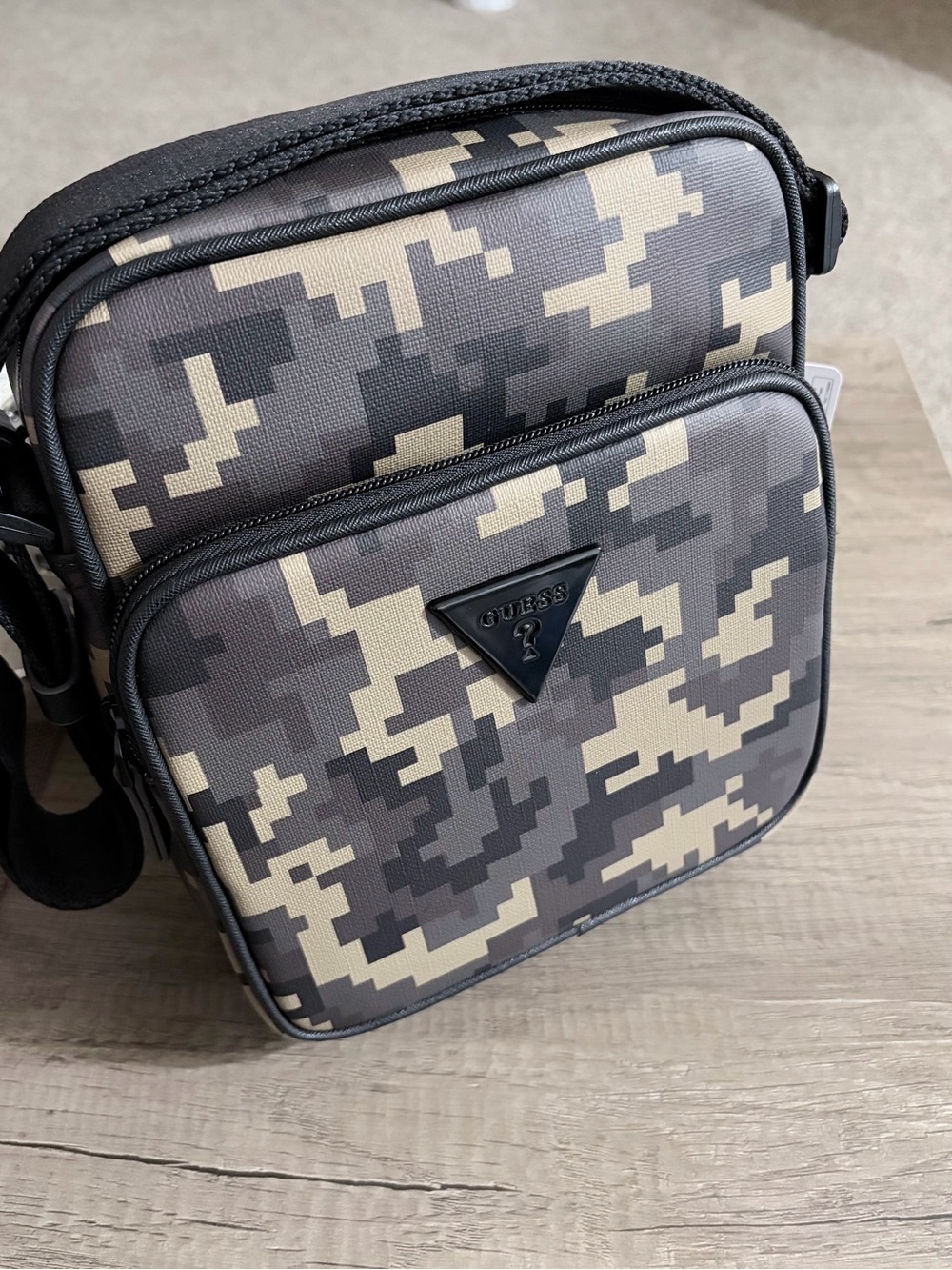 GUESS Black and Cream Digital Camo Messenger Bag